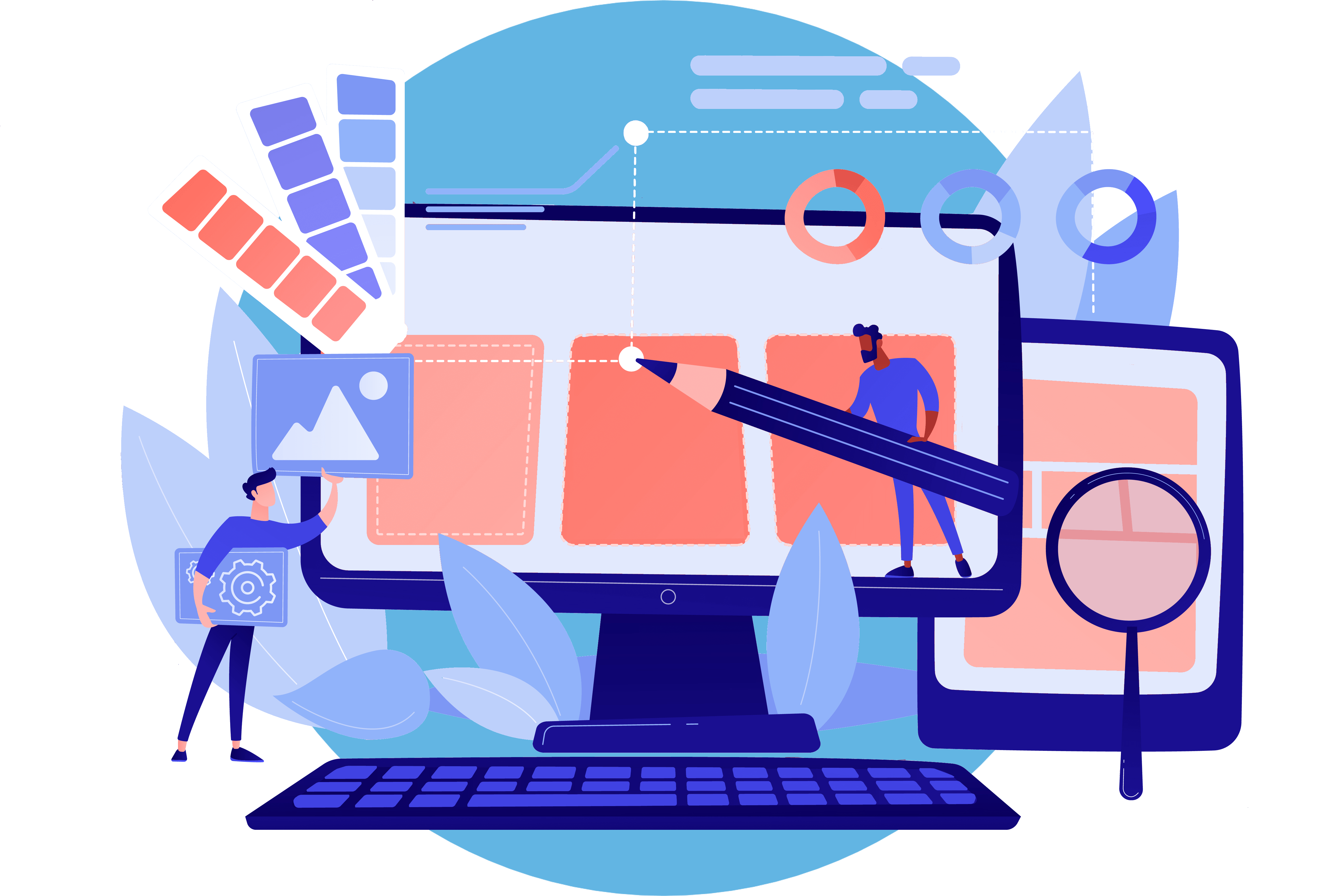 two small cartoon men working on a desktop monitor, putting creative images on the screen by hand