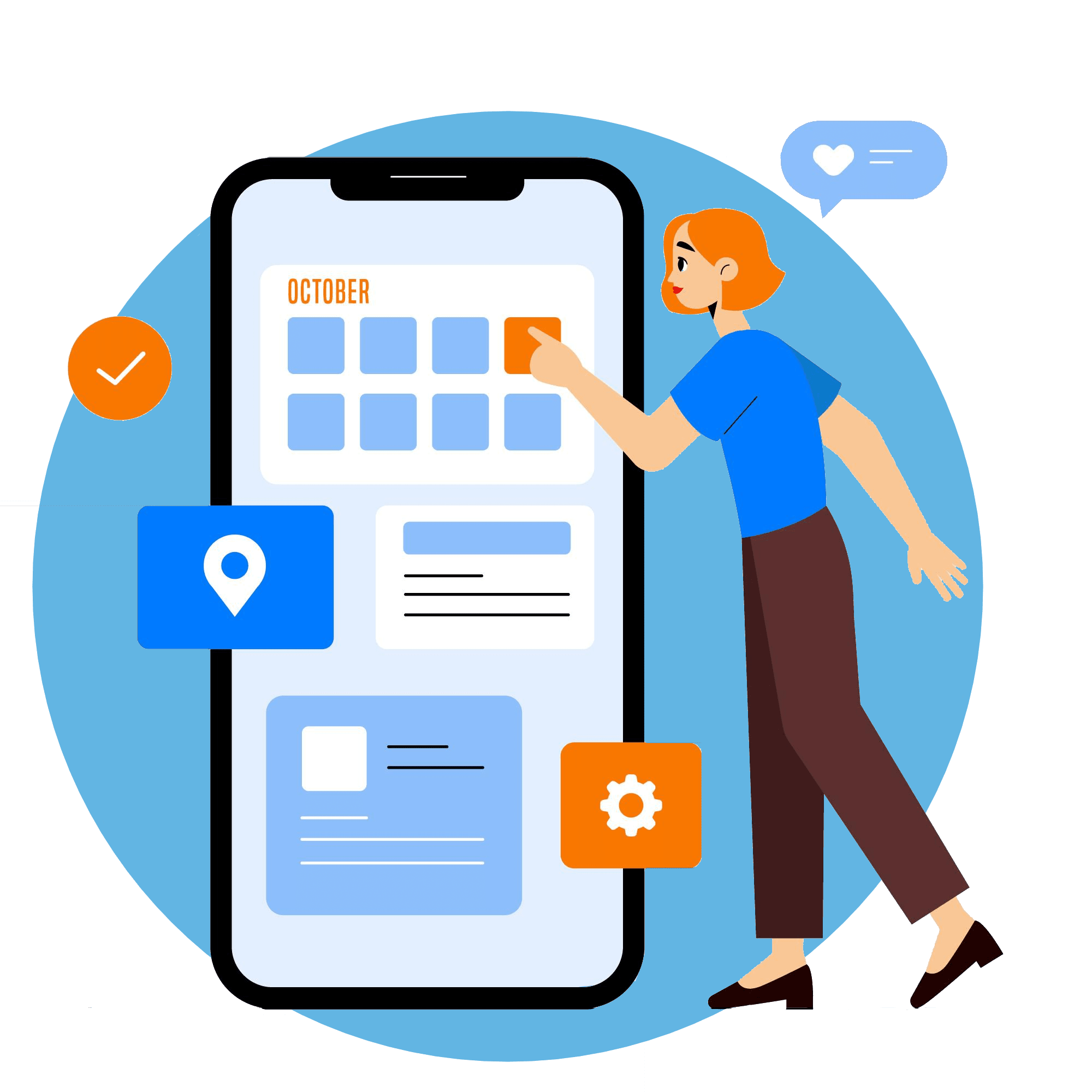 a cartoon woman standing next to a life-size mobile phone, displaying the mobile version of a website