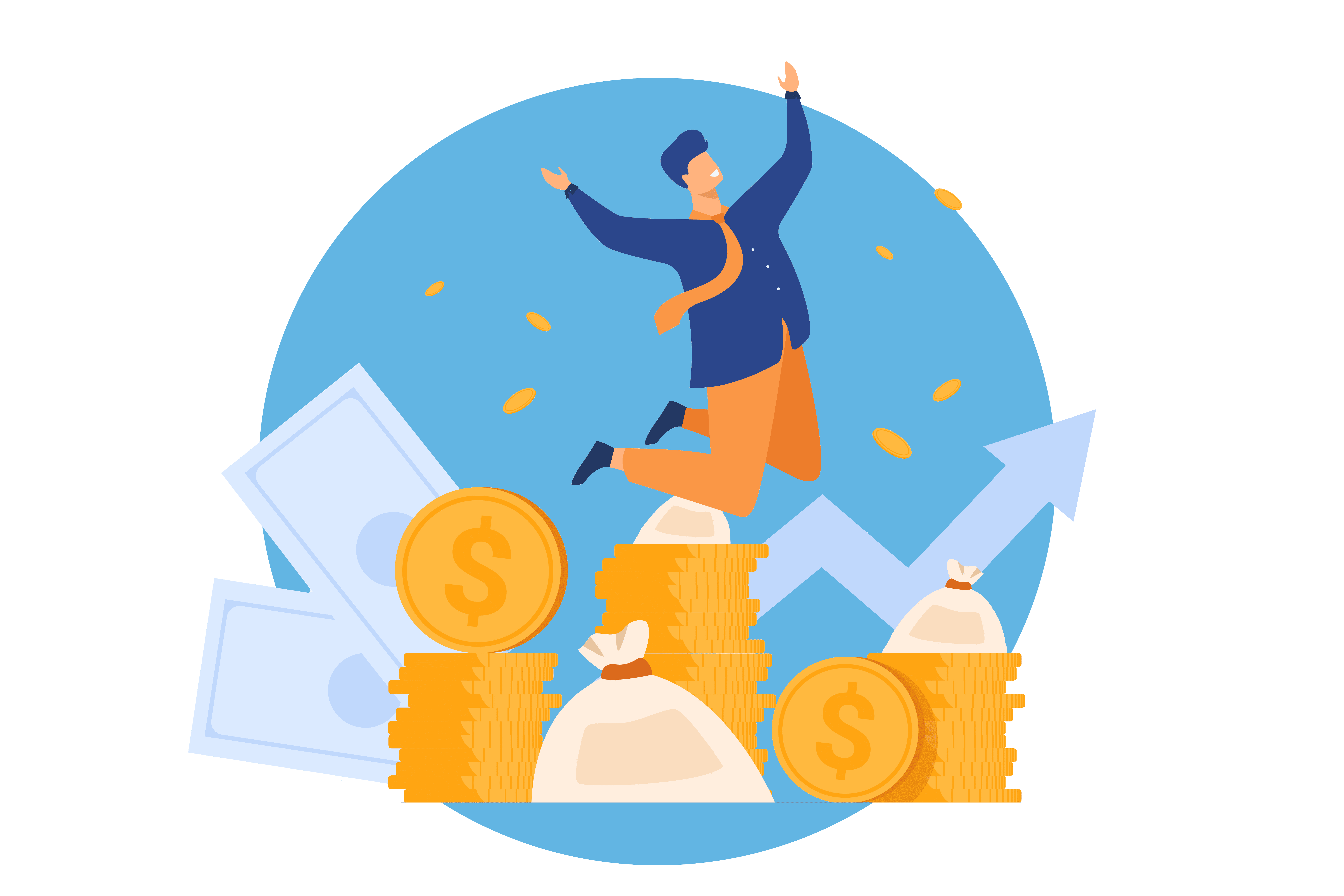 a cartoon man jumping off a pile of coins with an arrow to the side and pointing up, representing savings growth
